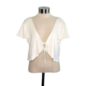 Tach Gaine White Tie-Front Ribbed Flutter Sleeve Crop Cardigan Top Womens Size S